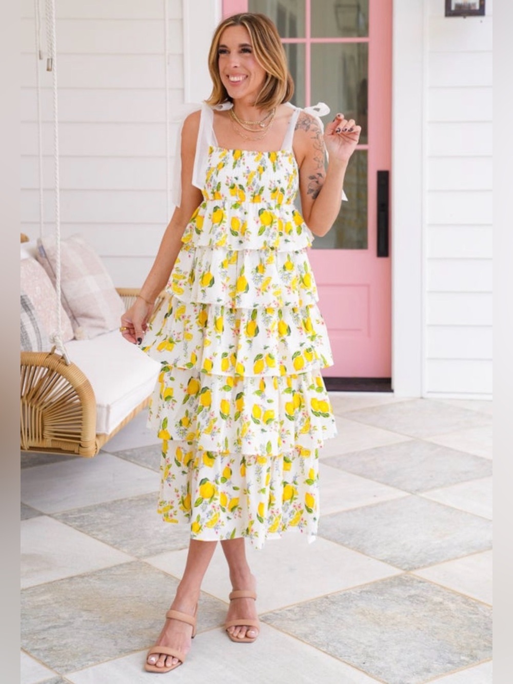 Lovelo Lemon Print smocked tiered midi dress